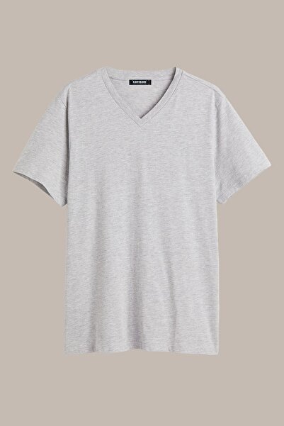 COMEOR Erkek Gri %100 Pamuk Basıc Regular Fit Pamuklu Kısa Kollu V Yaka T-shirt