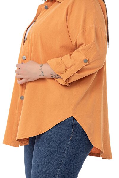 DISENTIS MODEST Plus Size Folded Sleeves Metal Buttoned Mustard Shirt