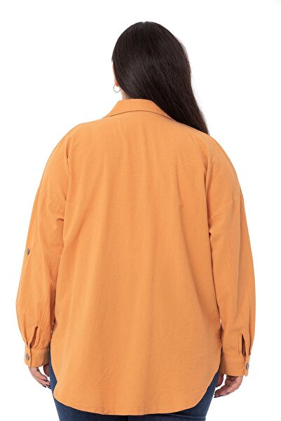 DISENTIS MODEST Plus Size Folded Sleeves Metal Buttoned Mustard Shirt