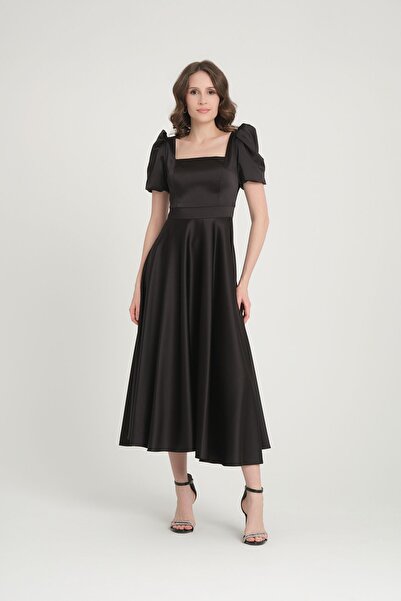 meksila kadın kare yakalı balon kollu kısa midi boy astarlı saten kloş abiye