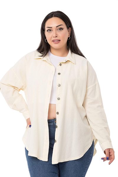DISENTIS MODEST Plus Size Folded Sleeves Metal Button Ecru Shirt