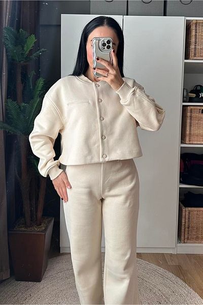 My Blog Women's Ecru Premium Snap Jacket 3 Thread Tracksuit Set