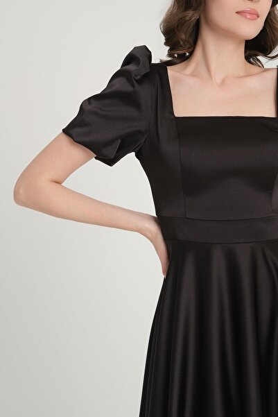 meksila kadın kare yakalı balon kollu kısa midi boy astarlı saten kloş abiye