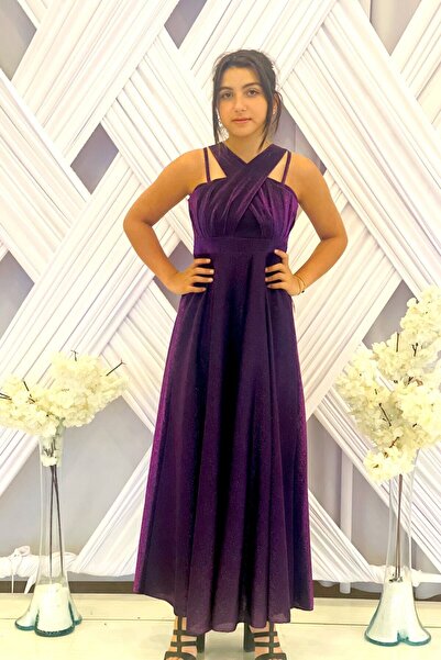 Jannock Genç Kız Monoray Saten Kumaş Uzun Mor Abiye Balo Mezuniyet Kıyafeti