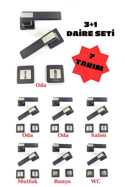 ARON (7 SET) SOFOUGH ASUDE SQUARE ROZET (3+1) CIRCLE SET DOOR HANDLE (MATTE BLACK - SATIN) ALUMINUM/STEEL