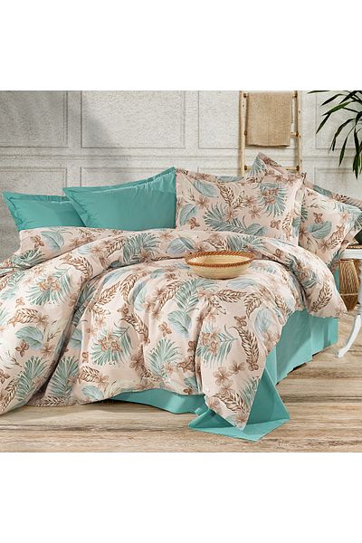 Alena Home Style 100% Cotton Leaf Patterned Double Duvet Cover Set (With Elastic Sheet)