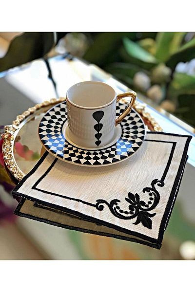 Teksev Șervețel de prezentare din 6 bucăți, negru, cu colțuri pentru cafea, din in, șervețel de prezentare brodat