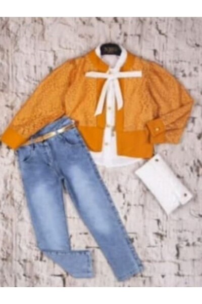 NMG KİDS Jacketed Shirt Jeans Trousers and White Bag 4-Piece Kids Girls Set 5-8 Years