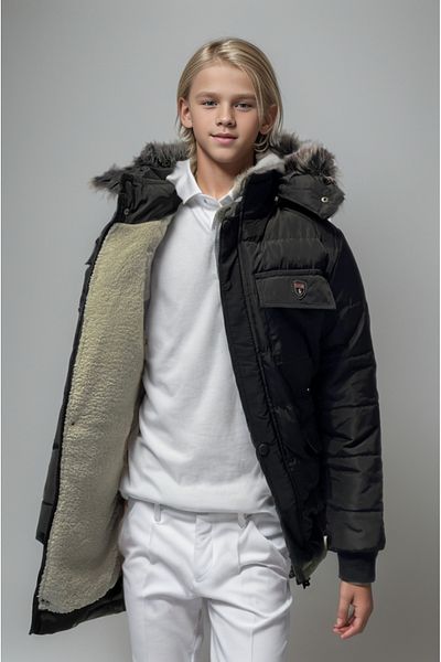 Jannock Boy's Plush Lined Thick Fiber Filling Detachable Hooded Coat Coat