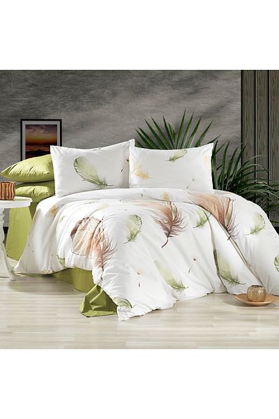 Alena Home Style 100% Cotton Feather Patterned Double Duvet Cover Set (With Elastic Sheet)