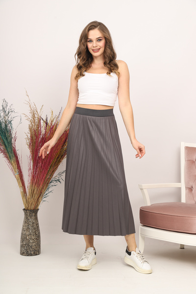 Bahar Altundemir Women's Leather Look Pleated Skirt, Long Pleated Skirt, Hija...