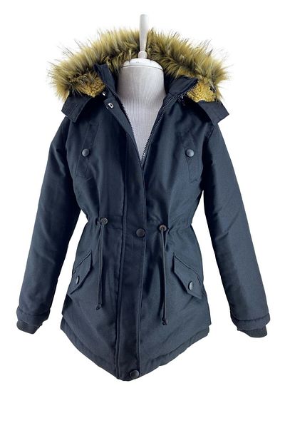 Jannock Unisex Children's Canvas Fabric Drawstring Waist Above Knee Fur Hooded Winter Coat