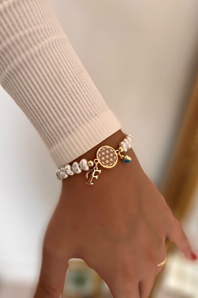 Trendy Butik Flower of Life Bracelet with Letter F and Evil Eye Hanging Pearl...