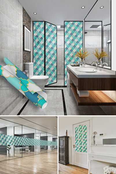 Dekoros Turkuaz Vitray Görünümlü Yapışkanlı Folyo, Cam, Pencere, Duşakabin Kaplama Folyosu 0901