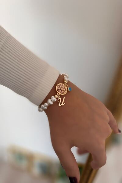 Trendy Butik Flower of Life Bracelet with Letter U and Evil Eye Hanging Pearl...