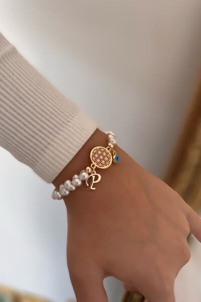 Trendy Butik Flower of Life Bracelet with Letter P and Evil Eye Hanging Pearl...