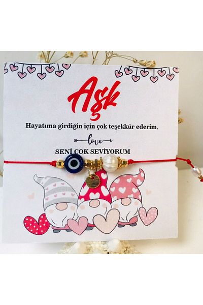 NAZLI TAKILAR Special Red Bracelet with Barley Pearl and Evil Eye Beads for Valentine's Day