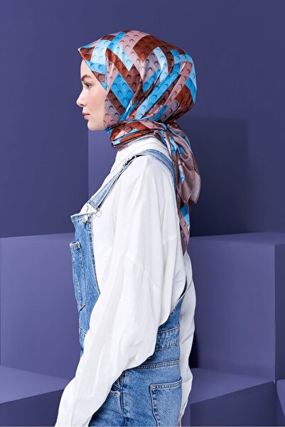 Modakaşmir Τρισδιάστατο μαντήλι με μοτίβο Lego, βαμβακερό κασκόλ, καφέ σκορδισμένο