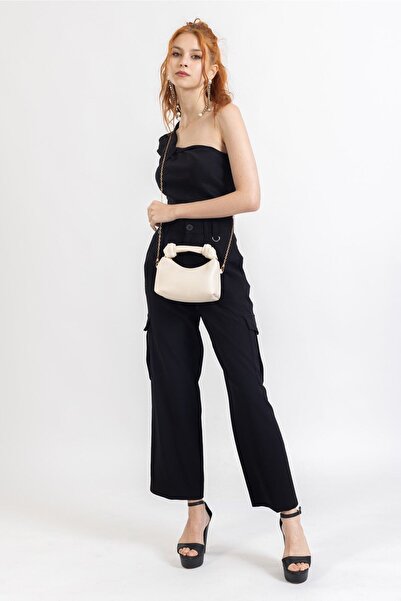 NOTHING Dámská smetanová měkká kožená taška s řetízkovým popruhem s detailním řetízkem do ruky