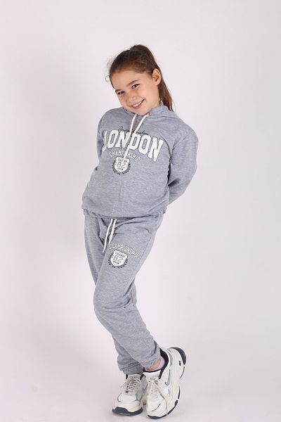 han collection Kar-Tex London Print Detailed Kangaroo Pocket and Hooded 2 Strings Tracksuit Set for Girls