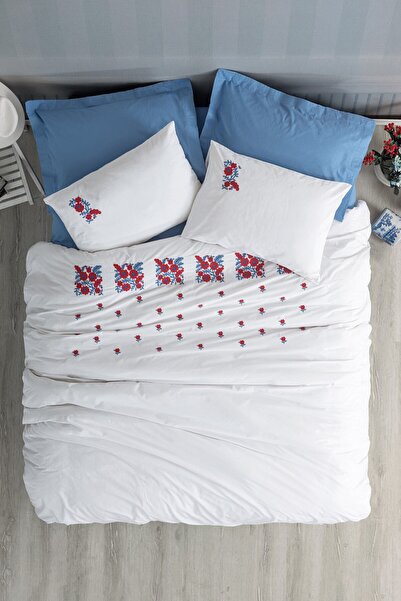 Cotton Box Nakışlı Ranforce Çift Kişilik Nevresim Takımı Nessa Mavi