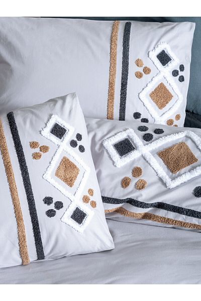 Cotton Box Puff Embroidered Double Duvet Cover Set Stesso Gray
