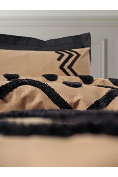 Cotton Box Pouf Embroidered Ranforce Double Duvet Cover Set Elio Copper Black