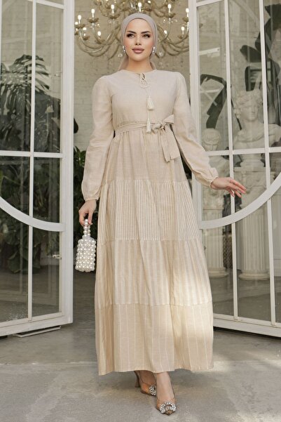 InStyle Sukienka z frędzlami i kołnierzykiem - beżowa