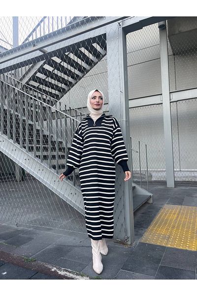 Arden Scarf Striped Zipper Knitwear Dress Black