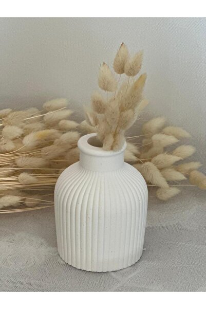Beton Mini Dekoratif Pampas Çizgili Kuruçiçek Vazosu