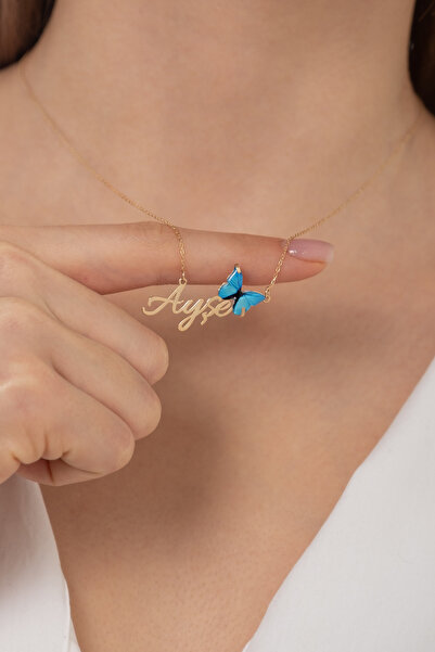 HomSilverjewelry 925 Ayar Gümüş Kişiye Özel Isimli Mavi Kelebek Detaylı Kadın...
