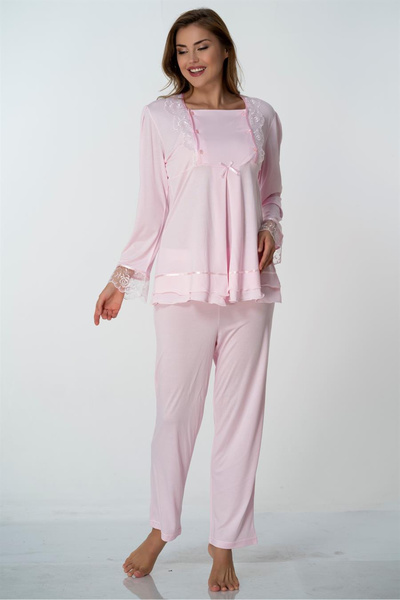 Lohussa Kadın Pembe Dantelli Uzun Kollu Pamuklu Lohusa Hamile Pijama Takımı