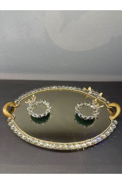 Peramari Decorative Crystal Glass Mirror Oval Presentation Tray Gold