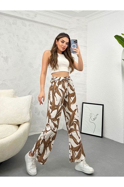 Ozy Fashion High Waist, Elastic Waist, Pocketed Flamed Linen Wide Leg Summer Brown Leaf Patterned Trousers