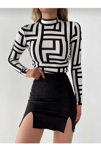 Ozy Fashion Bluză cu mânecă lungă pentru femei, cu modele geometrie, albă, neagră
