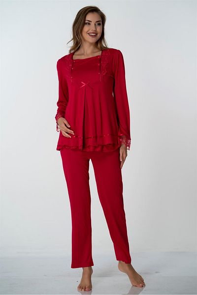 Lohussa Women's Cherry Lace Long Sleeve Cotton Maternity Maternity Pajamas Set