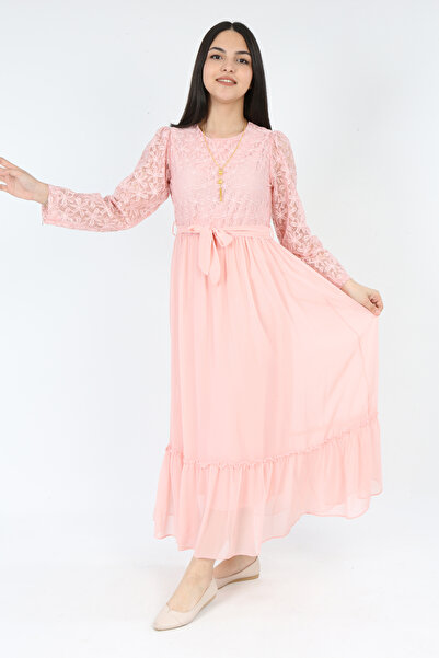 Asortik Kids Young Girl Long Length Lace Guipure Embroidered Chiffon Hijab Dress