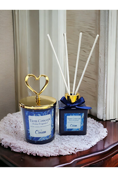 Tiem Concept Kalp Gold Başlıklı Okyanus Kokulu Lacivert Bardak Mum Ve Çubuklu...