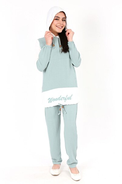 Genel Markalar Kız Çocuk Airobin Kumaş Kapüşonlu Kanguru Cep Uzun Kol Alt Üst Tunik Takım