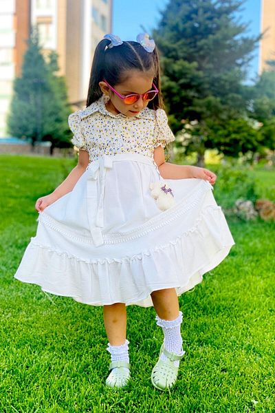 Asortix Rochie florală de vară din in pentru copii 4-5 ani-6 ani-7 ani-8 ani-9 ani-10 ani