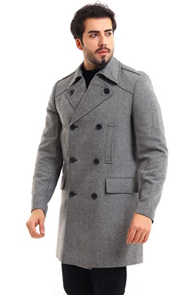 By Karaaslan Erkek Gri Yünlü Kaban Kaşe Kısa Palto Kruvaze Yaka Italyan Kesim