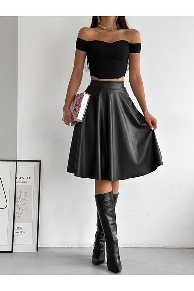 Ozy Fashion Talie înaltă neagră, panglică în interior, elastic în talie, fustă din piele croșetată