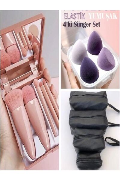 HaLVeY Profesyonel Taşınabilir Aynalı Makyaj Fırça Seti 5'Li + 4'Lü Kutulu Sünger + 4'Lü Makyaj Çantası