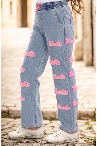 Asortix Girl's Elastic Waist Embroidered Jeans