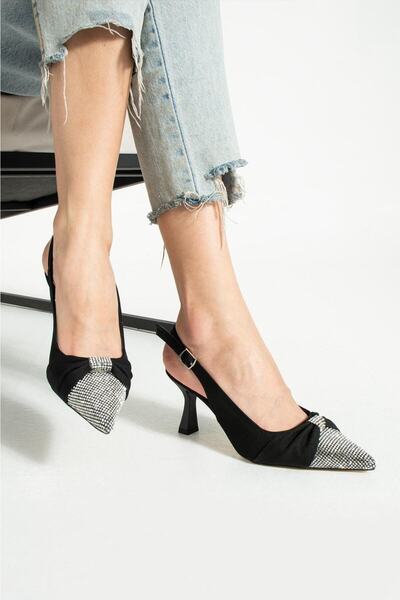 DUXAL SHOES Della Black Satin Women's Heeled Shoes with Stones on the Front