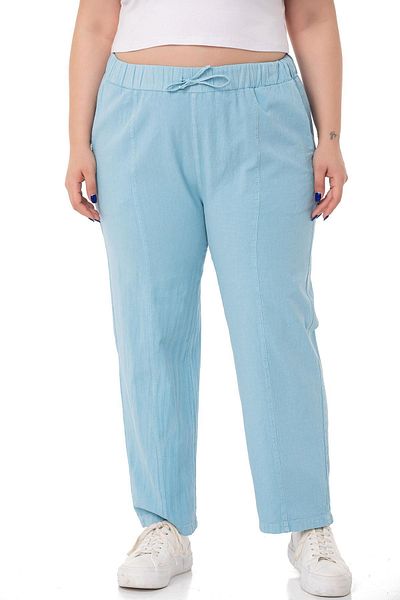 DISENTIS MODEST Pantaloni albaștri mărimi plus cu talie elastică și detaliu cu șnur de frânghie