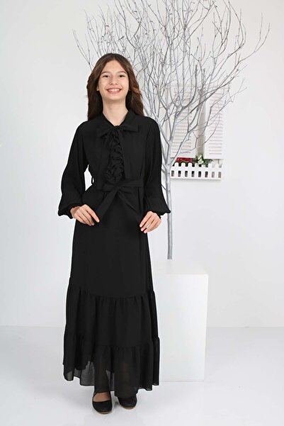 Asortik Kids Kız Çocuk Şifon Kumaş Astarlı Uzun Boydan Tesettür Elbise