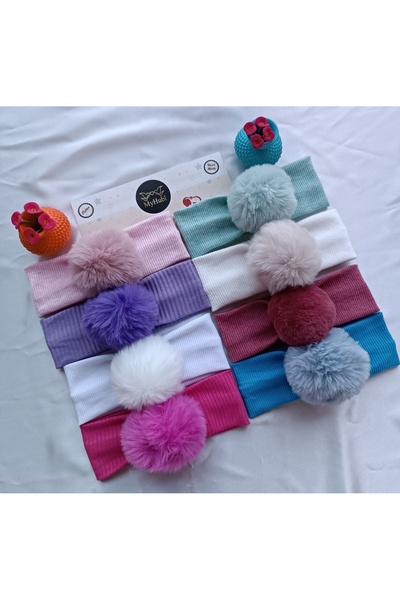 MyHubi 8-Piece Combination (Boxed) Handmade Baby Girl Rabbit Hair Pompom Bandana