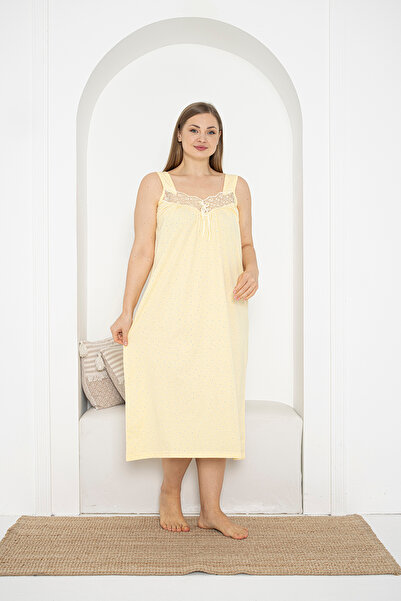 SEBOTEKS Kalın Askılı Dantel Detaylı %100 Pamuklu Penye Büyük Beden Anne Geceliği 263