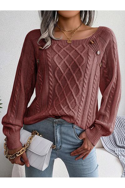 AQE FASHION Pulover de damă, cu gât de barcă, tricot de păr, cu model, cu nasturi, tricotaje cu scorțișoară
